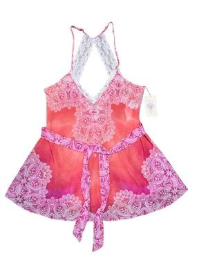 In Bloom by Jonquil Sheer Lace Babydoll Chemise Nightgown Pink Medium Adjustable
